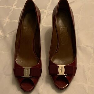 Salvatore Ferragamo Burgundy Peep-Toe Heels